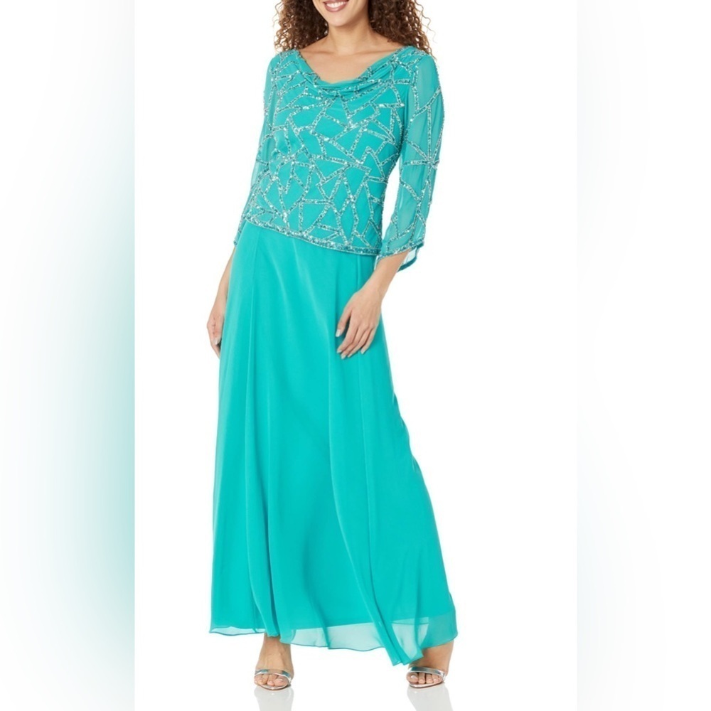 NWT J Kara Women's C-Neck with 3/4 Sleeve Beaded Long Dress Aqua Color Sz 8